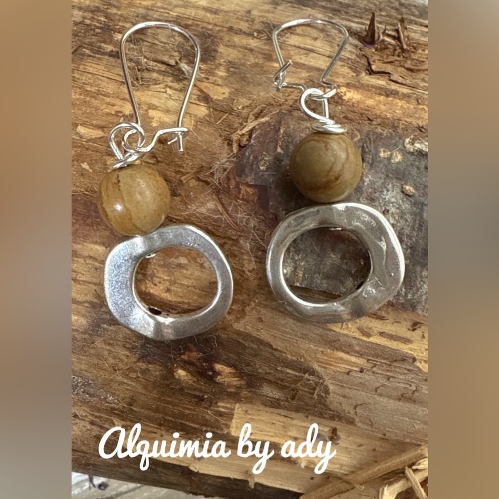 Dangle silver statement earrings with tan jasper
